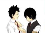  2boys 8018 angry black_hair frown hibari hibari_kyouya katekyo_hitman_reborn! khr male male_focus multiple_boys necktie school_uniform shirt simple_background smile student tie uniform vest white_background white_shirt yamamoto_takeshi yaoi 