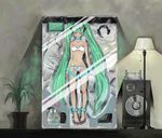  aqua_hair barefoot box bra closed_eyes gond groin hatsune_miku headphones highres in_box in_container indoors lamp lingerie long_hair lowleg lowleg_panties panties plant restrained smile solo speaker strapless strapless_bra striped striped_panties twintails underwear very_long_hair vocaloid 