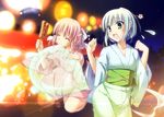  alternate_hairstyle biting breast_press breasts eating festival floating food ghost green_eyes hitodama hot_dog japanese_clothes kimono konpaku_youmu konpaku_youmu_(ghost) medium_breasts multiple_girls pink_hair ponytail saigyouji_yuyuko short_hair silver_hair sweatdrop t-ray touhou 