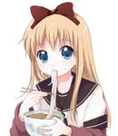  blonde_hair blue_eyes bow chopsticks dress eating eyebrows_visible_through_hair food long_hair long_sleeves looking_at_viewer lowres namori nanamori_school_uniform noodles sailor_dress school_uniform serafuku short_over_long_sleeves short_sleeves simple_background solo toshinou_kyouko udon upper_body white_background yuru_yuri 