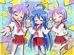  :3 =_= ahoge bad_id bad_pixiv_id blue_hair closed_eyes english hiiragi_kagami hiiragi_tsukasa holding_hands izumi_konata kurukuru_(korekita) long_hair lucky_star mole mole_under_eye multiple_girls pink_neckwear purple_hair ryouou_school_uniform school_uniform serafuku short_hair star text_focus twintails 