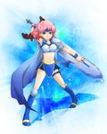  boots bracelet cape female final_fantasy final_fantasy_v full_body gradient gradient_background green_eyes highres jewelry knight lenna_charlotte_tycoon midriff miniskirt pekamatu pink_hair short_hair skirt solo sword tiara weapon 