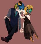  1girl akiyoshi_(tama-pete) alternate_hairstyle aqua_eyes armband bad_id bad_pixiv_id black_dress blonde_hair blue_hair butterfly_hair_ornament butterfly_wings couple dress face-to-face formal hair_ornament headphones hetero high_heels imminent_kiss kagamine_rin kaito magnet_(vocaloid) necktie pantyhose shoes short_hair sitting striped striped_legwear vertical-striped_legwear vertical_stripes vocaloid wings 