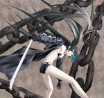  bad_id bad_pixiv_id bikini_top black_rock_shooter black_rock_shooter_(character) blue_eyes burning_eye chain coat from_side front-tie_top katana keikotsu long_hair midriff short_shorts shorts solo sword twintails weapon 