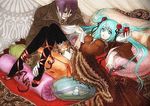  1girl alcohol aqua_eyes aqua_hair blue_hair cantarella_(vocaloid) dress flower glass hair_flower hair_ornament hair_ribbon hatsune_miku higeyama kaito legs long_hair lying mask pillow ribbon rose shoes smile thighhighs twintails vocaloid wine zettai_ryouiki 