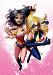  2girls amazon babtyu bare_shoulders black_hair blonde_hair blue_eyes breasts cleavage dc_comics earrings elbow_gloves female gloves jewelry leotard long_hair marvel mask ms_marvel multiple_girls open_mouth skin_tight star star_print thigh-highs thighhighs tiara wonder_woman wonder_woman_(series) wristband 