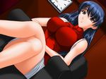  1girl artist_request blue_hair breasts brown_eyes chair character_request dutch_angle female huge_breasts impossible_clothes impossible_shirt indoors jpeg_artifacts legs legs_crossed miniskirt shirt sitting skirt solo source_request thighs 