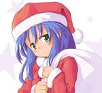  blue_hair christmas green_eyes izumi_konata long_hair lucky_star mole mole_under_eye ryuunosuke_(luckyneco) sack santa_costume solo 