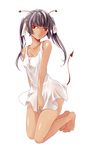  antennae barefoot cellphone dress hair_ribbon jyuru kneeling long_hair original personification phone ribbon solo sundress tail tan twintails 