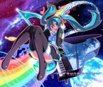  aqua_hair blue_eyes boots detached_sleeves earth face grand_piano hatsune_miku headphones headset instrument legs long_hair musical_note navel necktie pairan piano rainbow skirt smile solo space thigh_boots thighhighs twintails vocaloid zettai_ryouiki 