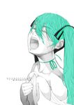  breast_press breasts cleavage colored_eyelashes green_hair hatsune_miku long_hair medium_breasts monochrome open_mouth recube simple_background solo spot_color tears twintails very_long_hair vocaloid white_background 