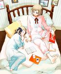  1girl axis_powers_hetalia barefoot bed blonde_hair book bow coffee cup feet frills german hair_ribbon liechtenstein_(hetalia) mug oirbme pajamas pillow ribbon short_hair siblings sleeping smile swiss_flag switzerland_(hetalia) 