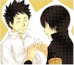  2boys 8018 black_hair black_jacket frown heart hibari hibari_kyouya jacket katekyo_hitman_reborn! khr lowres male male_focus multiple_boys school_uniform shirt smile student sweatdrop uniform white_shirt wristband yamamoto_takeshi 