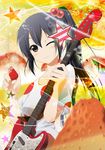  black_hair brown_eyes electric_guitar food fruit guitar hair_bobbles hair_ornament holding holding_food holding_fruit instrument k-on! listen!! long_hair nakano_azusa one_eye_closed polka_dot porurin side_ponytail solo star strawberry 