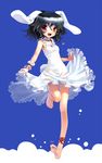  alternate_color alternate_costume animal_ears anklet bare_legs barefoot black_hair bunny_ears carrot carrot_necklace choker dress dress_lift feet full_body inaba_tewi jewelry katahira_masashi leg_ribbon necklace open_mouth pendant red_eyes ribbon running see-through short_hair smile solo standing sundress touhou wavy_hair white_dress wrist_cuffs 
