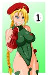  ass beret blonde_hair blue_eyes braid breasts cammy_white fingerless_gloves gloves hat highres large_breasts leotard long_hair makani_kohitujito solo street_fighter twin_braids 