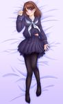  anegasaki_nene bad_id bad_pixiv_id bed_sheet blush brown_hair dakimakura feet full_body legs lips love_plus lying midriff mole mole_under_eye pantyhose purple_eyes school_uniform serafuku shian_(my_lonly_life.) short_hair solo 