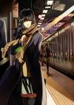  a.q.u.a bad_id bad_pixiv_id black_eyes black_hair coat ground_vehicle hair_ornament hairclip multiple_girls original plaid plaid_scarf scarf skirt solo_focus thighhighs train train_station 