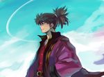  akino_(akin1217) aqua_background bad_id bad_pixiv_id black_hair green_eyes male_focus ponytail raven_(tales) sky smile solo tales_of_(series) tales_of_vesperia 