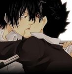  2boys 8018 black_hair brown_eyes hibari hibari_kyouya injury katekyo_hitman_reborn! khr kiss kissing lowres male male_focus multiple_boys school_uniform shirt simple_background student sweater tonfa uniform weapon white_background white_shirt yamamoto_takeshi yaoi 