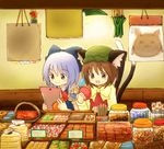  animal_ears bag blue_eyes blue_hair brown_eyes brown_hair candy cat_ears cat_tail chen cirno earrings eijima_moko food handbag jar jewelry market mask multiple_girls multiple_tails shopping short_hair tail touhou yakumo_ran 