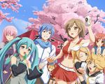  6+girls ahoge akita_neru blonde_hair blue_eyes blue_hair blue_scarf brown_eyes brown_hair cherry_blossoms detached_sleeves hanami hatsune_miku kagamine_len kagamine_rin kaito long_hair megurine_luka meiko multiple_boys multiple_girls pink_hair red_eyes red_hair scarf sf-a2_miki spring_onion utamaru_(konomix) vocaloid 