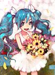 :d aqua_eyes aqua_hair bare_shoulders blue_eyes blue_hair bouquet eyebrows flower hatsune_miku highres long_hair looking_at_viewer madokan_suzuki multicolored multicolored_eyes open_mouth petals skirt smile solo twintails vocaloid white_skirt 