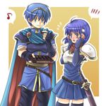  1girl armor armored_dress belt blue_eyes blue_hair blush breastplate cape chocolate elbow_gloves fingerless_gloves fire_emblem fire_emblem:_monshou_no_nazo flying_sweatdrops gloves hands_on_own_face headband kariu katua lowres marth musical_note pauldrons pegasus_knight sheath sheathed sword thighhighs weapon 