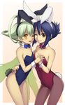  animal_ears antenna_hair ar_tonelico ar_tonelico_ii arm_around_waist bare_legs bare_shoulders blue_hair bow bowtie brown_eyes bunny_ears bunny_tail bunnysuit fairy_wings folded_ponytail frelia graphite_(medium) green_hair green_nails green_wings holding_hands hug long_hair luca_truelywaath mixed_media multiple_girls nail_polish one_eye_closed orange_eyes pantyhose short_hair tail traditional_media utsugi_(skydream) wings wrist_cuffs 