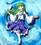  bow detached_sleeves frog green_eyes green_hair hair_bow kochiya_sanae long_hair ruu_(tksymkw) solo touhou 