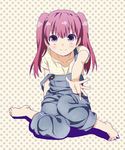  barefoot feet mattaku_mousuke original outstretched_arm outstretched_hand overalls reaching smile solo strap_slip twintails 