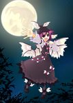  bunny dress flying full_moon hat hitsujin leaf moon moon_rabbit mystia_lorelei night night_sky open_mouth outstretched_arm outstretched_hand pink_hair shoes sky solo touhou when_you_see_it winged_shoes wings 