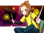  alternate_hairstyle baku_(bakunooekaki) brown_eyes brown_hair casual drumsticks grin k-on! short_hair side_ponytail smile solo suspenders tainaka_ritsu 