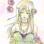  blonde_hair breasts celes_chere detached_sleeves eyes_closed female final_fantasy final_fantasy_vi flower gradient gradient_background hair_ornament jewelry long_hair lowres lxc necklace solo tiara white_background 