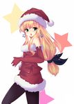  bad_id bad_pixiv_id black_legwear blonde_hair blush earrings elbow_gloves gloves green_eyes hair_ribbon isurugi_mio jewelry long_hair looking_back mimura_zaja mm! open_mouth pantyhose red_gloves ribbon santa_costume solo star star_earrings 