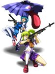  alternate_costume bad_id bad_pixiv_id battle_rifle blonde_hair error green_eyes gun highres junkei karakasa_obake long_hair looking_back m14 mizuhashi_parsee multiple_girls pantyhose pointy_ears ponytail purple_umbrella red_eyes rifle school_uniform shadow short_hair sterling_smg submachine_gun tatara_kogasa tongue touhou trigger_discipline umbrella weapon white_legwear 