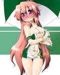  bad_id bad_pixiv_id blush choker glasses kogaku_kazuya long_hair lucky_star pink_hair purple_eyes race_queen revealing_clothes solo takara_miyuki thigh_gap umbrella 