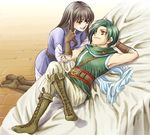  amber_eyes astrid bed belt black_hair boots brown_eyes couple crossed_legs eye_contact fingerless_gloves fire_emblem fire_emblem:_souen_no_kiseki fire_emblem_path_of_radiance gloves green_hair hair_grab hand_behind_head happy kneeling legs_crossed long_hair long_sleeves looking_at_another lowres lying open_mouth pants scarf short_hair sitting smile sothe yellow_eyes 