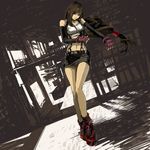  bare_shoulders belt boots breasts brown_hair elbow_gloves female final_fantasy final_fantasy_vii fingerless_gloves full_body gloves highres long_hair midriff miniskirt nyanpe partially_colored red_eyes skirt solo suspenders tank_top tanktop tifa_lockhart 