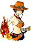  armpits bad_id bad_pixiv_id bare_shoulders belt black_hair bra bracelet breasts brown_eyes fire freckles genderswap genderswap_(mtf) hat highres jewelry lingerie medium_breasts midriff necklace one_piece portgas_d_anne short_hair solo tattoo underwear white_background zu 