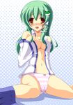  bad_id bad_pixiv_id blush cameltoe fat_mons frog green_hair hair_ornament highres kochiya_sanae long_hair navel no_pants open_clothes open_shirt panties runa7 shirt skirt skirt_around_one_leg snake solo striped striped_panties touhou underwear yellow_eyes 