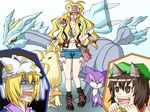  !? 3girls animal_ears baseball_cap blonde_hair brown_hair cat_ears chen cosplay crossover expressive_clothes gen_1_pokemon gen_5_pokemon hat holding holding_poke_ball kyurem long_hair mamedenchi multiple_girls ninetales parody poke_ball pokemon pokemon_(creature) pokemon_(game) pokemon_bw purrloin short_hair touhou touko_(pokemon) touko_(pokemon)_(cosplay) yakumo_ran yakumo_yukari 