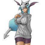  aerodactyl blue_hair blush emukon hair_over_one_eye mask moemon personification pokemon shorts smile wings yellow_eyes 