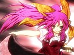  bad_id bad_pixiv_id belt bow bracelet hair_bow highres jewelry katana long_hair motion_blur pink_eyes pink_hair ponytail purple_hair slashing solo sudo_shinren sword touhou watatsuki_no_yorihime weapon 