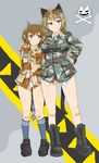  animal_ears bad_id bad_pixiv_id blonde_hair blue_eyes boots brown_hair camouflage cat_ears choco-chip_(camouflage) commentary dakku_(ogitsune) green_eyes m81_woodland_(camo) multiple_girls nicole_bradshaw original panties patricia_mitchell skull_and_crossbones strike_witches_1991 sunglasses tail underwear uniform world_witches_series 