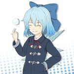  ^_^ cirno closed_eyes coat contemporary grin hand_in_pocket highres kawashina_(momen_silicon) smile snowball solo toggles touhou winter_clothes winter_coat 