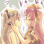  ? bad_id bad_pixiv_id blush eye_contact hands_on_another's_face hatsune_miku long_hair looking_at_another megurine_luka multiple_girls vocaloid yuri yuuyu_(777) 