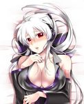  areola_slip areolae blush bow breasts caffein dakimakura detached_sleeves hair_bow headphones highres large_breasts long_hair makeup nail_polish ponytail purple_nails red_eyes silver_hair solo tears upper_body vocaloid voyakiloid yowane_haku 