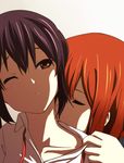  black_hair brown_eyes brown_hair closed_eyes collarbone hirasawa_yui k-on! kiss multiple_girls nakano_azusa necking one_eye_closed school_uniform yuri zasshu_tamashii 