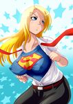  blonde_hair blue_eyes breasts covered_nipples dc_comics dress_shirt impossible_clothes impossible_shirt large_breasts long_hair marimo_(ankokumarimo) open_clothes open_shirt shirt solo supergirl superman_(series) taut_clothes taut_shirt 